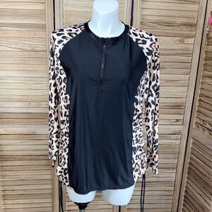 Long Sleeve Pull Over Zip Front Brown Black Pull String Gather on Side Size 2XL